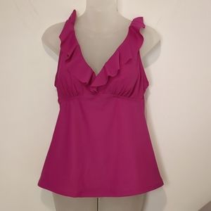 DKNY Tankini Swim Suit Top Sz XXL Magenta adjustable straps Ruffle v-neck padded